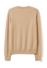 Maglione beige con maniche lunghe, polsini e orlo a coste. Texture morbida, scollo a girocollo e senza motivi o decorazioni visibili.