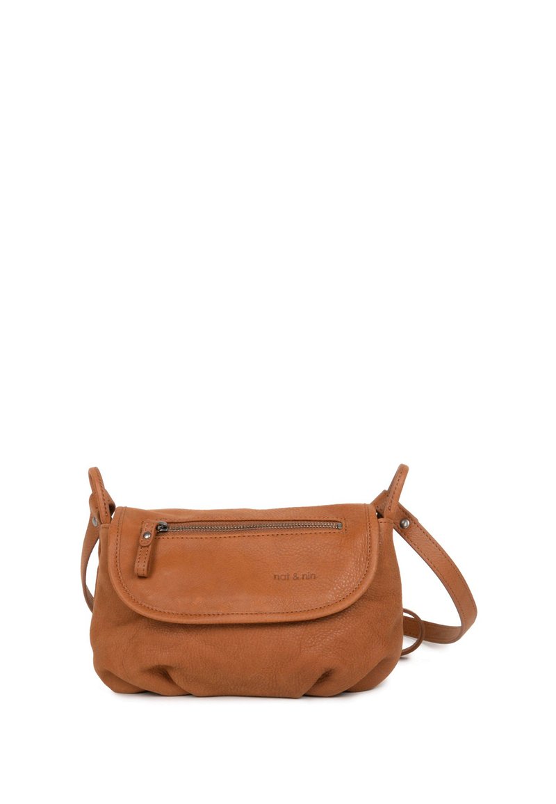 Brown leather crossbody bag with a flap closure, front zip pocket, adjustable strap, and soft, textured finish. Features subtle branding.