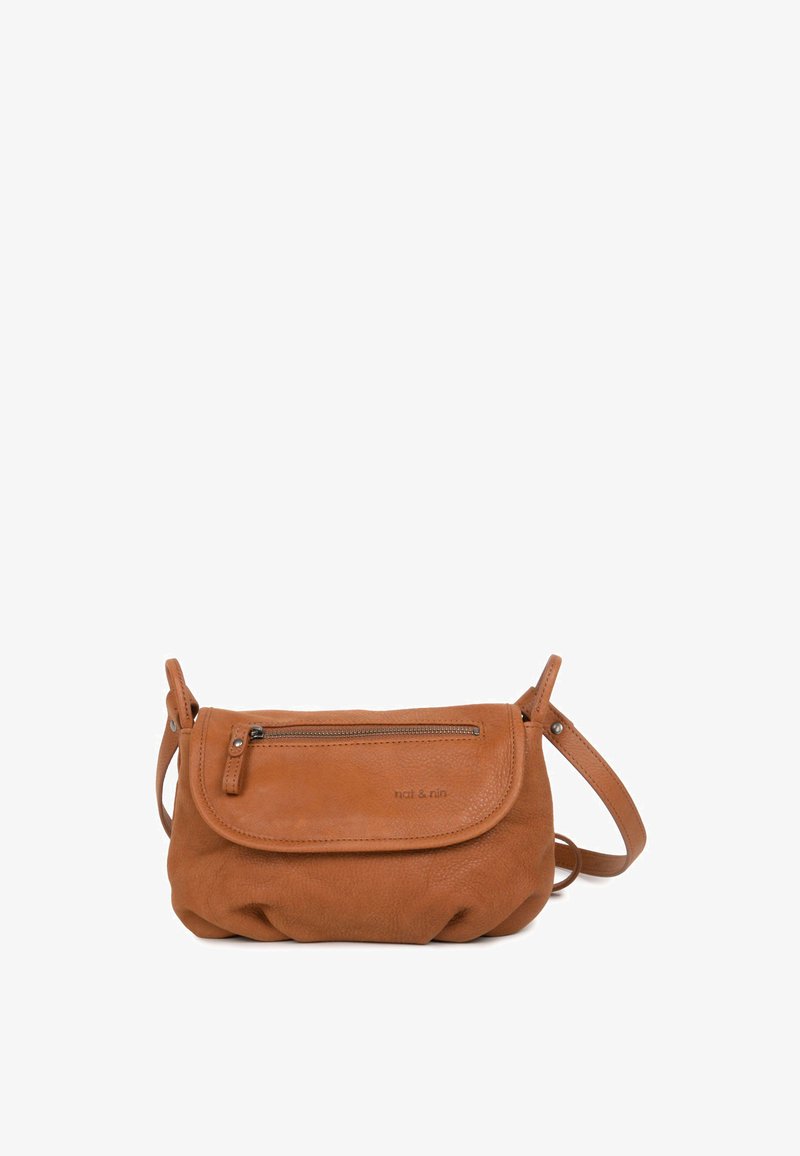 Brown leather crossbody bag with a flap closure, front zip pocket, adjustable strap, and soft, textured finish. Features subtle branding.