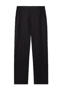 Zwarte, wijde broek gemaakt van lichtgewicht stof. Heeft een elastische tailleband en twee zijzakken. Gladde textuur, geen zichtbare patronen.