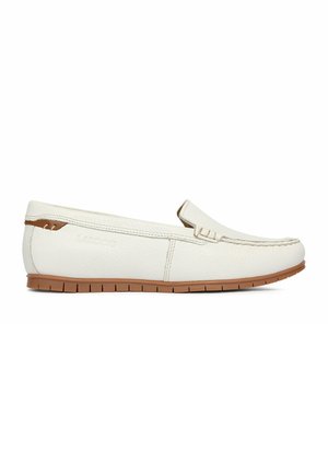 Weiße Slipper aus Leder mit brauner Gummisohle und angenähten Details entlang der Kanten, seitlich mit dem LASOCKI-Logo geprägt.