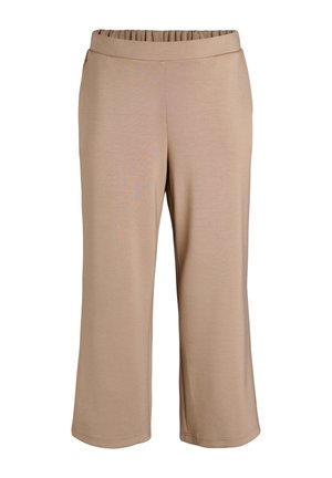 Bež prorezane široke hlače visokog struka s elastičnim pojasom, glatke teksture, bez vidljivih džepova ili ukrasa.