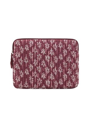 Housse d'ordinateur portable matelassée en rose profond avec un motif floral blanc, dotée d'une fermeture éclair et d'une surface texturée. Design compact et rembourré.
