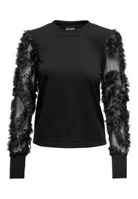 Sudadera negra con mangas largas transparentes adornadas con tela negra con volantes. Cuello redondo y puños ajustados. Material suave con detalle texturizado.