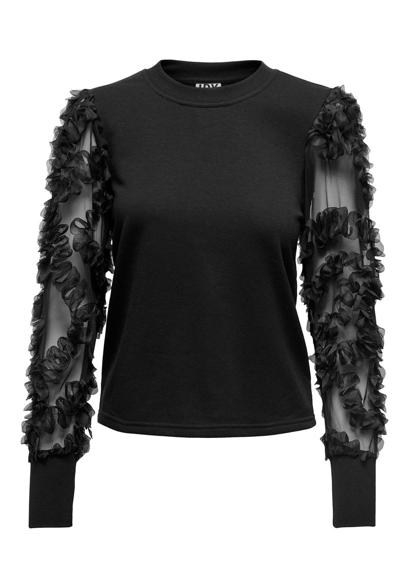 Sudadera negra con mangas largas transparentes adornadas con tela negra con volantes. Cuello redondo y puños ajustados. Material suave con detalle texturizado.