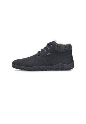 Black ankle boot with lace-up front, textured sole, padded collar, and soft inner lining, shown from the outer side on a white background.