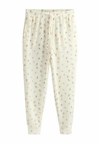 Hellcremefarbene, gerippte Hose mit Kordelzug in der Taille, versehen mit einem floralen Muster in Rosa, Gelb und grünen Akzenten. Eng anliegende Bündchen an den Knöcheln.