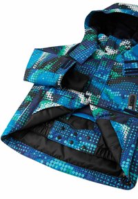 Bunte Jacke mit geometrischem Muster in Blau- und Grüntönen, schwarzem Innenfutter, verstellbaren Bündchen und mehreren Taschen.