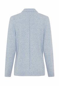 Himmelblaues Strickpullover mit Kragen, langen Ärmeln und gerippten Bündchen. Glatte Textur mit einem dezenten melierten Muster im Stoff.