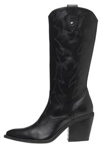 Bottine de cowboy en cuir noir avec un bout pointu, un talon haut et des coutures décoratives en motif d'éclairs le long de la tige.