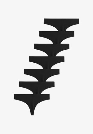 Czarny zestaw stringów składający się z siedmiu identycznych elementów, wykonany z gładkiego materiału, o obniżonym kroju i minimalistycznych krawędziach.