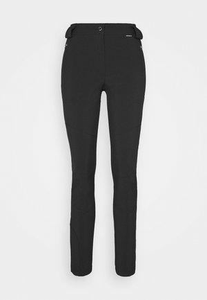 Pantaloni neri aderenti realizzati in materiale flessibile. Presentano una tasca laterale con zip, ginocchia articolate e una texture liscia.