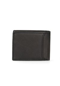 Portafoglio in pelle nera di forma rettangolare, con cuciture visibili e un design elegante. Texture liscia con un'estetica minimalista.