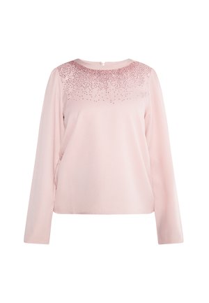 Rosa Langarmshirt mit einer strukturierten Verzierung aus kleinen Perlen am Ausschnitt, in lockerer Passform und aus weichem Stoff.