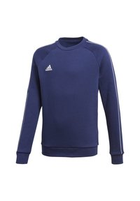 Felpa blu navy con maniche lunghe, scollo rotondo, strisce bianche sulle spalle e piccolo logo Adidas bianco sul petto. Tessuto dalla trama morbida.