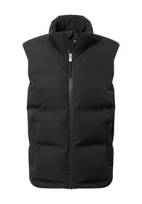 Black padded sleeveless vest with high collar and front zipper, designed for warmth and outdoor wear.