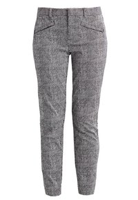 Gray and white patterned trousers with a tapered fit, featuring front pockets and a waistband. Made from lightweight fabric with a smooth texture.