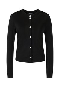 Schwarzer Cardigan aus weichem Stoff, mit Rundhalsausschnitt, langen Ärmeln und fünf perlenähnlichen weißen Knöpfen entlang der Vorderseite.