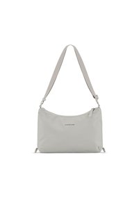 Borsa a spalla grigia realizzata in tessuto liscio. Presenta una forma arrotondata, tracolla regolabile e chiusura con zip con branding minimale.
