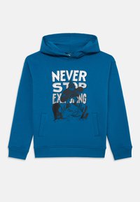 Blue hoodie made of cotton, featuring a graphic print with "NEVER STOP EXPLORING" and a design in black on the front. Front pouch pocket.