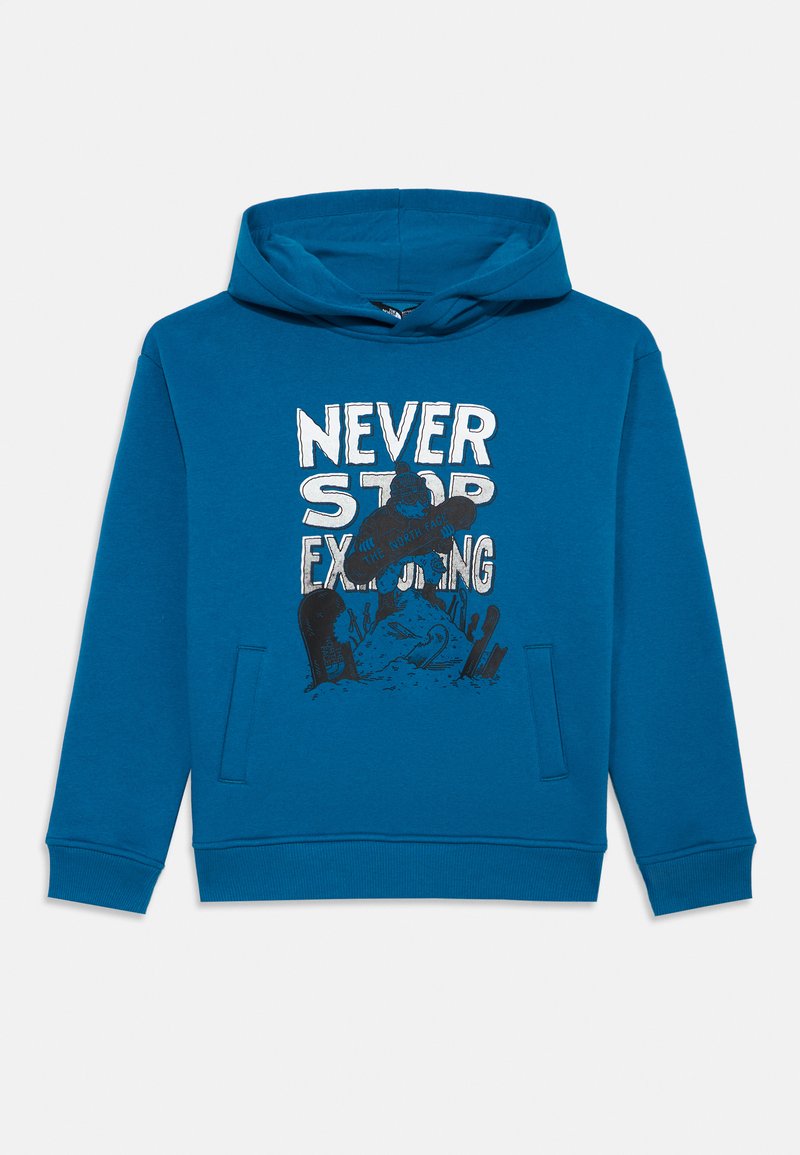 Blue hoodie made of cotton, featuring a graphic print with "NEVER STOP EXPLORING" and a design in black on the front. Front pouch pocket.