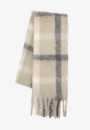 Krém színű, szürke kockás mintás gyapjúkeverék sál, bojtokkal az élein és puha, texturált felülettel. Méretei körülbelül 180 cm x 30 cm.