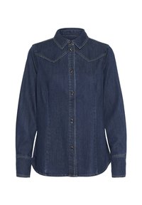 Tumši zils džinsa krekls ar norādītu apkakli, pogām pārsistu priekšpusi un yoke apdari. Tam ir garas piedurknes un kontrastējošas šuvju līnijas.