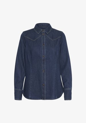 Temno modra jeansa srajca s usko kragnico, gumbasto zapiranje na sprednji strani in detajli na jermenih. Ima dolge rokave in kontrastne šive.