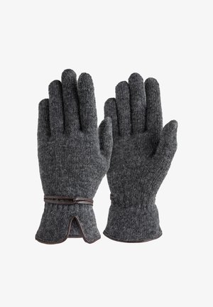 Graue gestrickte Handschuhe aus strukturiertem Stoff, mit einem braunen Lederband am Handgelenk und einem gespaltenen Strickdesign am Bund.