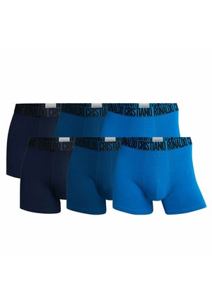 Blaue und marineblaue Boxershorts mit schwarzen Bündchen, die den Text "Cristiano Ronaldo" tragen. Aus Baumwollmaterial, mit körpernahem Design und glatter Textur.