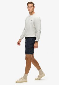 Sudadera gris claro con un logotipo minimalista, combinada con pantalones cortos cargo azul marino que cuentan con bolsillos laterales y un emblema. Zapatillas y calcetines beige completan el look.