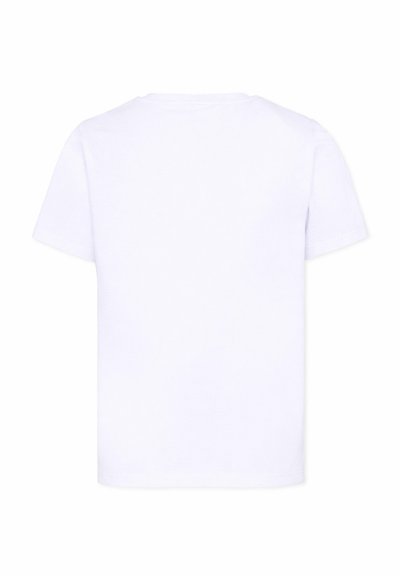 T-shirt blanc uni à manches courtes et col rond, vue de dos, avec un ourlet droit et une texture de tissu simple et lisse.