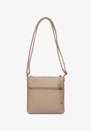 Beige Umhängetasche aus strukturiertem Kunstleder, ausgestattet mit einem vorderen Reißverschlussfach und verstellbaren Trägern. Minimalistisches Design mit Logodetail.