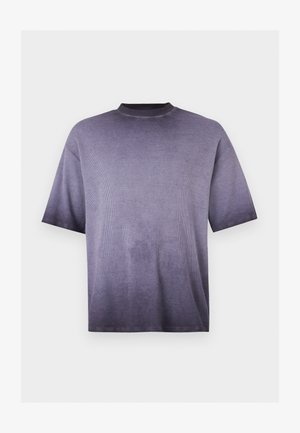 Short-sleeve ribbed knit shirt with faded purple gradient, crew neck, and relaxed fit on a plain light background.