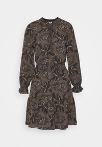 Tmavě zelené šaty s béžovým květinovým vzorem. Mají stažený pas a nabírané rukávy. Hladká látka s vrstveným designem sukně.