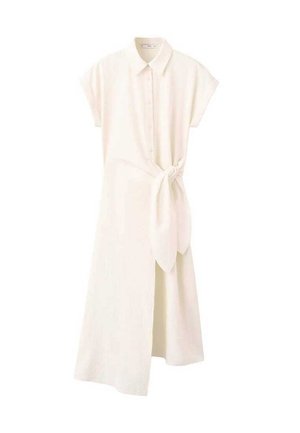 White linen shirt dress with short sleeves, button closure, and a tied waist accent. Features a knee-length skirt and smooth texture.