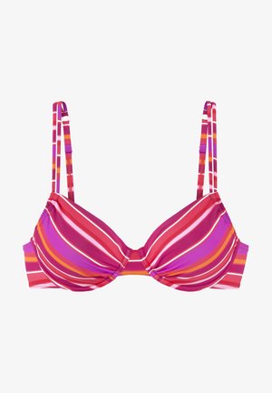Bikini top s prugama u nijansama ljubičaste, ružičaste i crvene boje. Nudi oblikovani dizajn, podesive naramenice i glatku, rastezljivu teksturu tkanine.