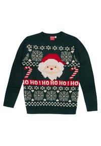 Grüner Strickpullover mit einem Santa-Gesicht, roten und weißen Akzenten, Schneeflocken und dem Textdesign "HO HO HO". Hochdehnbares Material.
