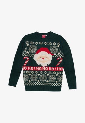 Maglione verde lavorato a maglia con un volto di Babbo Natale, dettagli rossi e bianchi, fiocchi di neve e testo "HO HO HO". Materiale altamente elastico.