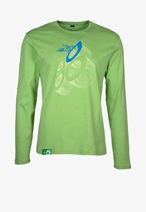 Long-sleeve T-shirt in bright green cotton with a blue graphic design on the front and a green label accent on the bottom left.