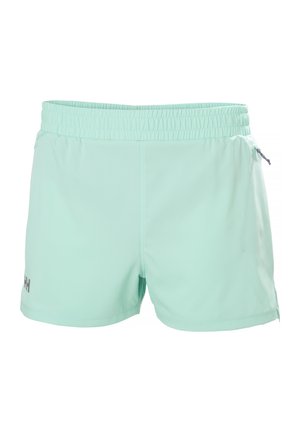 Light mint green athletic shorts with an elastic waistband, side pockets, and a smooth, textured fabric. Features a logo on the lower left side.