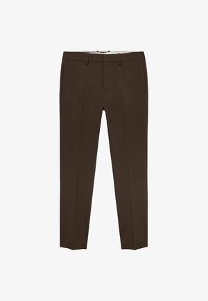 Bruine op maat gemaakte broeken met een slim fit, voorzien van twee zijzakken, een platte voorkant en een soepele stofstructuur.