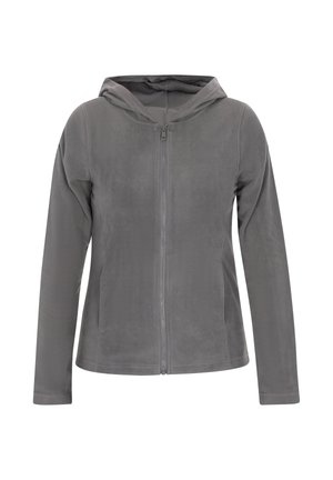 Grau Fleece-Jacke mit Kapuze, Frontreißverschluss, langen Ärmeln und einer glatten Textur. Minimalistisches Design und keine sichtbaren Verzierungen.