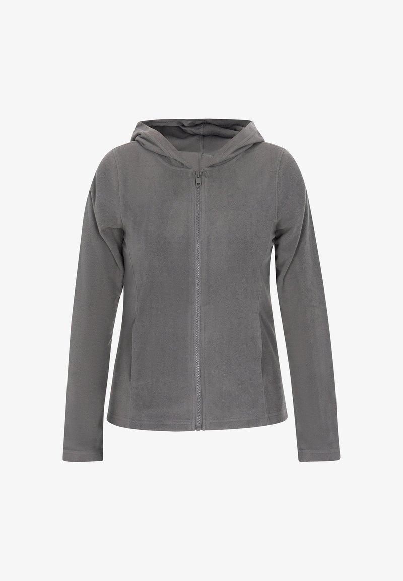 Gray fleece jacket with a hood, front zipper, long sleeves, and a smooth texture. Minimalist design and no visible embellishments.