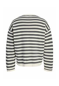 Pull à manches longues avec des rayures horizontales noires et blanches, vu de dos sur fond blanc.
