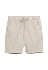 Beige stribede shorts med elastisk talje, snøre lukning, to sidelommer og oprullede kanter. Blødt stof med en glat overflade.
