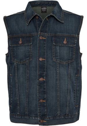 Denimvest med mørkeblå farge, med knappestolpe foran, to brystlommer og klassisk krage. Teksturert stoff med synlige sømmer.