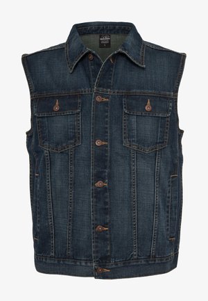Denimvest med mørkeblå farge, med knappestolpe foran, to brystlommer og klassisk krage. Teksturert stoff med synlige sømmer.