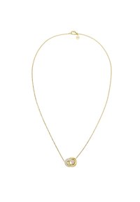 Goldkette mit feinem Glied und einem strukturierten Anhänger, der ineinandergreifende Ringe zeigt, von denen einer mit kleinen klaren Steinen verziert ist.