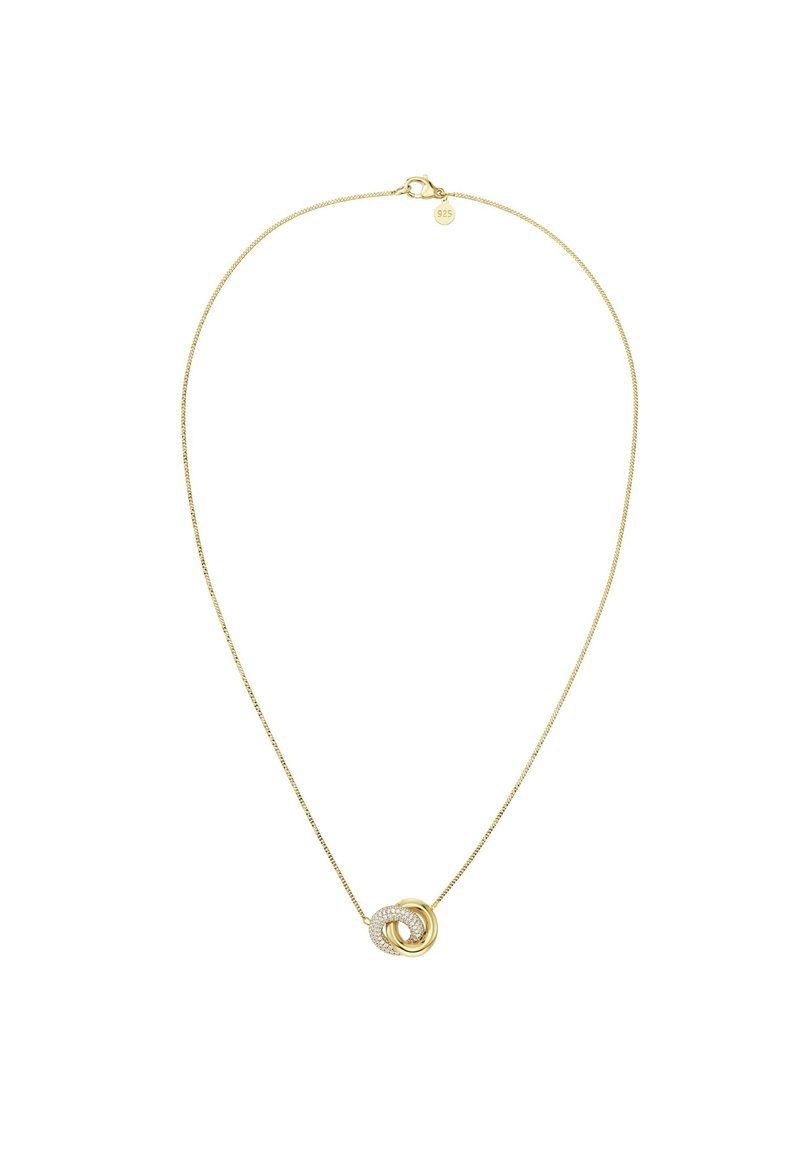 Goldkette mit feinem Glied und einem strukturierten Anhänger, der ineinandergreifende Ringe zeigt, von denen einer mit kleinen klaren Steinen verziert ist.